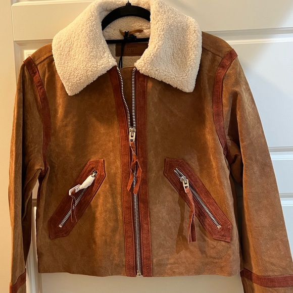 Blank NYC Jackets & Blazers - Blank NYC Brown Suede Bomber Jacket with Cream Shearling Collar